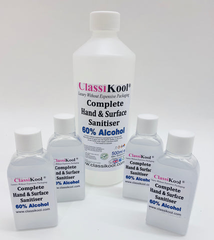 Classikool 60%+ Essential Hand Sanitiser Value Kit of 4 x 50ml & 1 x 500ml Refill Bottle